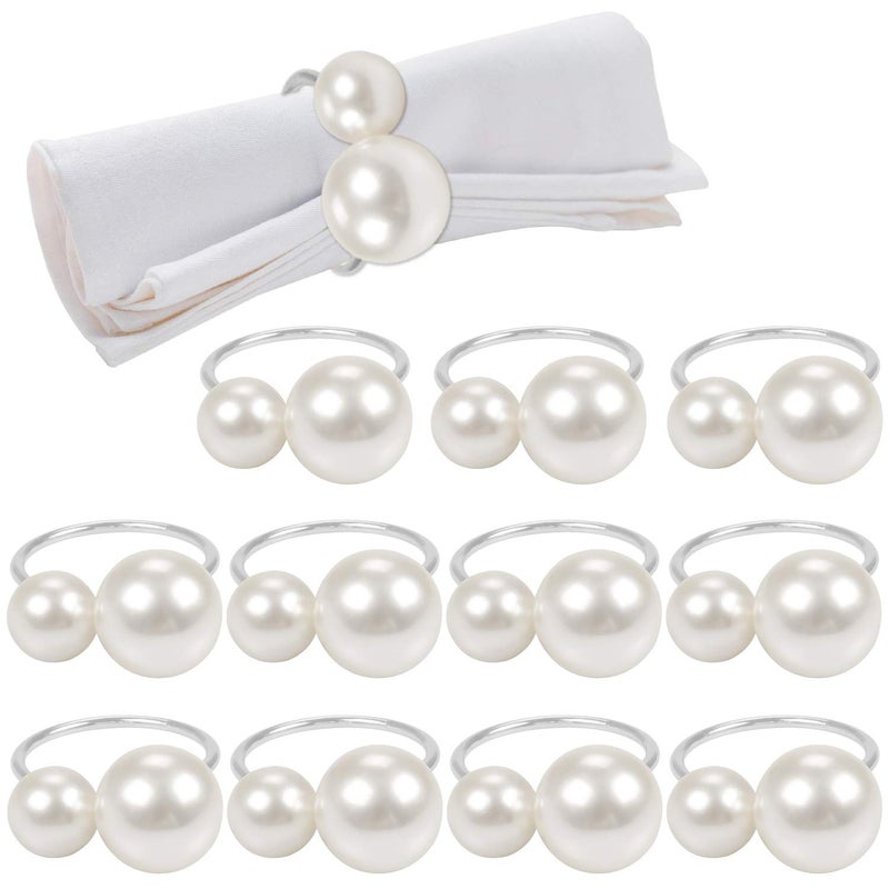wonlex Silver Napkin Rings Set of 12, Pearl Serviette Buckle Napkin Holder for Xmas, Family Gathering, Dinner Party, Wedding Decor (2 Silver Pearls) - Image 1